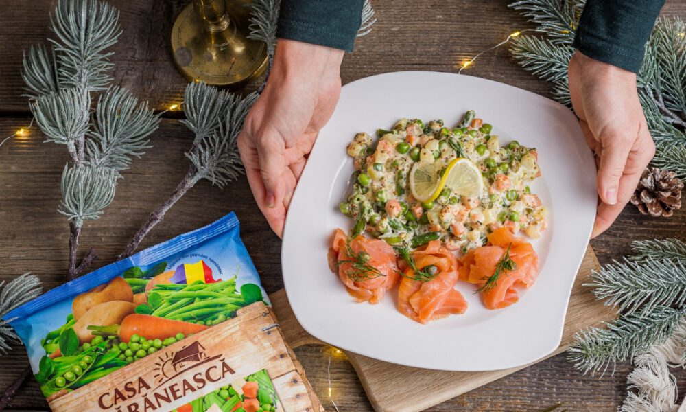 Garden vegetable salad with mayonnaise and smoked salmon