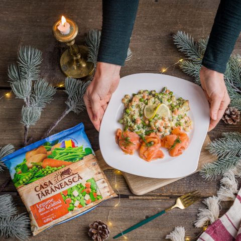 Garden vegetable salad with mayonnaise and smoked salmon