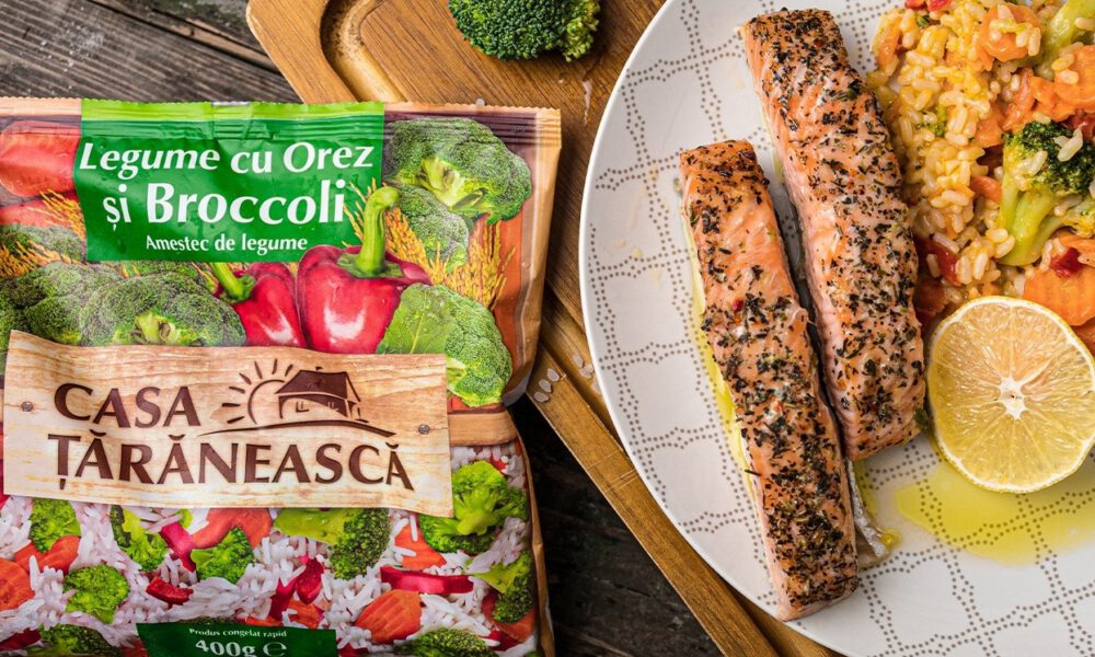 Baked salmon with a side dish of vegetables with rice and broccoli